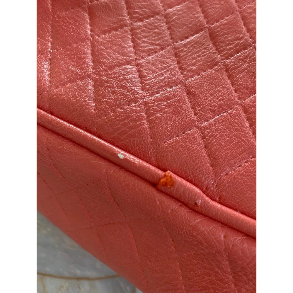 Sephora Quilted Makeup Bag Coral Pink Blue Trim Zippered Travel Train Case